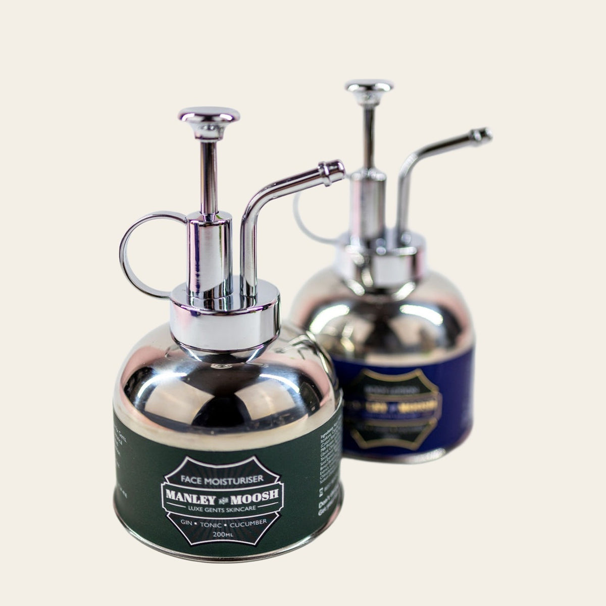 Manley & Moosh face moisturiser and body lotion in refillable stainless steel oil-can canisters